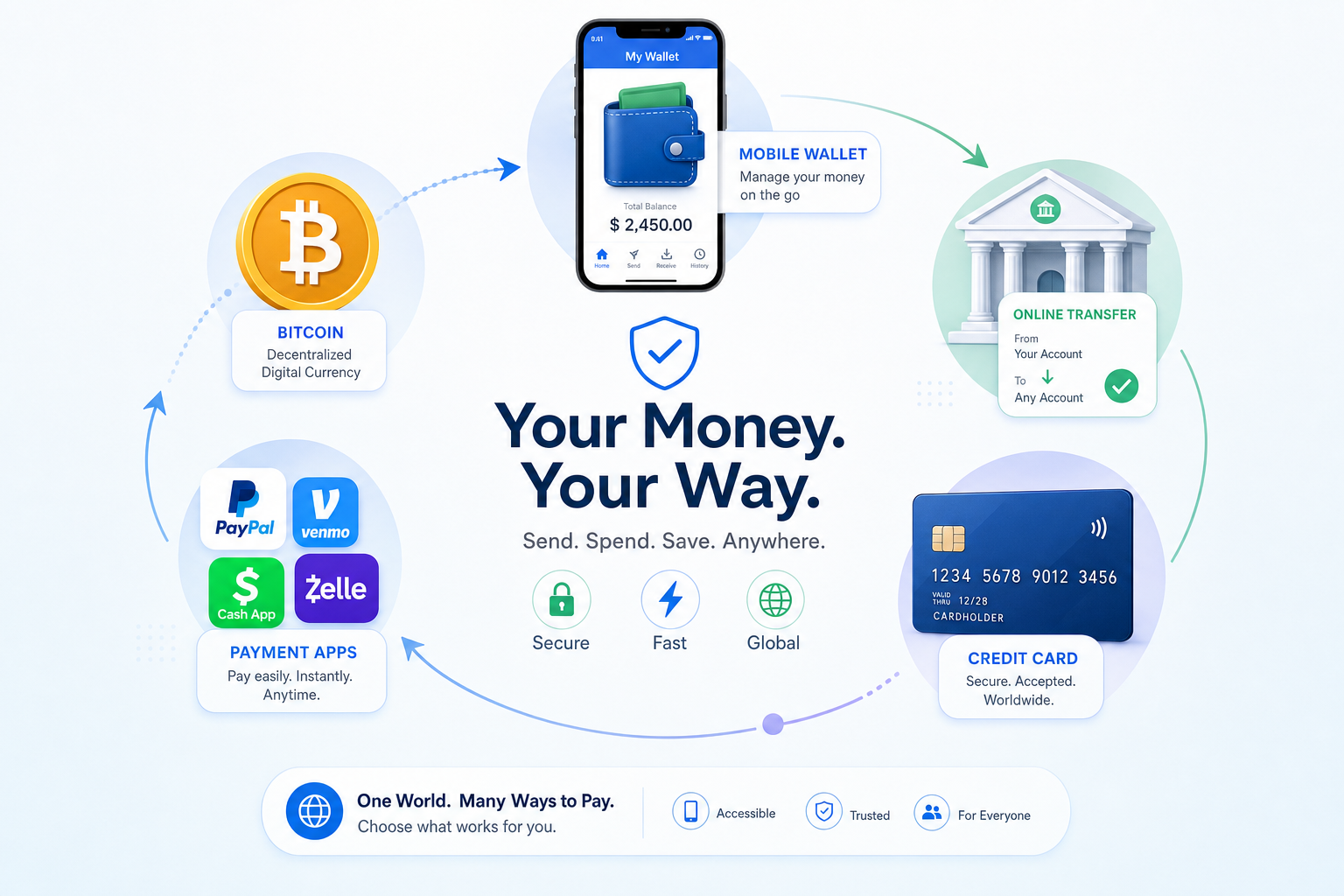 Illustration of diverse online payment methods including digital wallets, bank transfer symbols, and cryptocurrency icons. Illustration of diverse online payment methods including digital wallets, bank transfer symbols, and cryptocurrency icons.